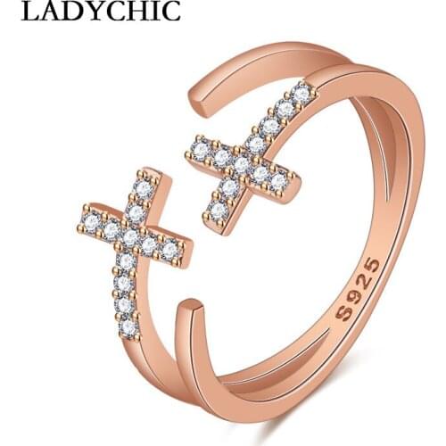 LADYCHIC Dainty Cross Open Rings for Women Party Jewelry Christian Jesus Silver Color Ring Accessories Jewelry Wholesale LR1205