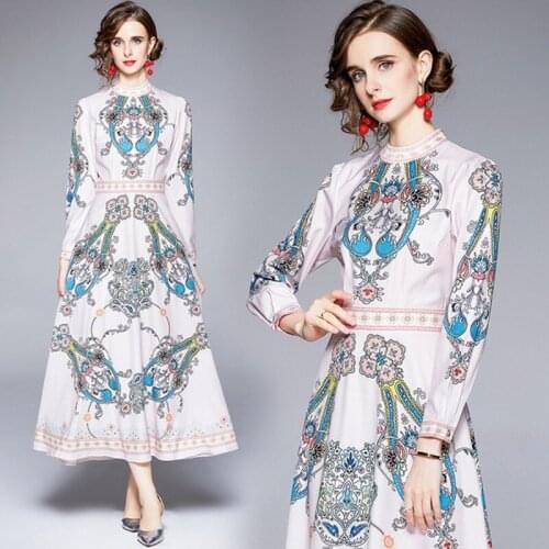 2021 Autumn Runway Designer Letter Flower Print Vintage Dress Womens Long Sleeve O Collar casual Dresses
