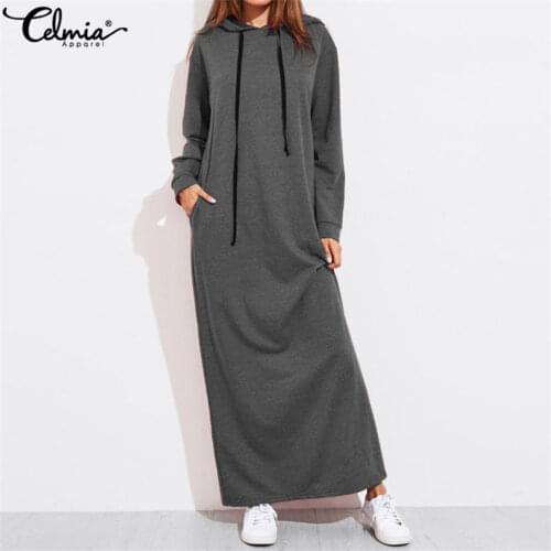 Celmia 2021 Winter Women Vintage Hoodies Maxi Dress Casual Solid Long Sleeve Pockets Hooded Dresses Long Vestidos Robe