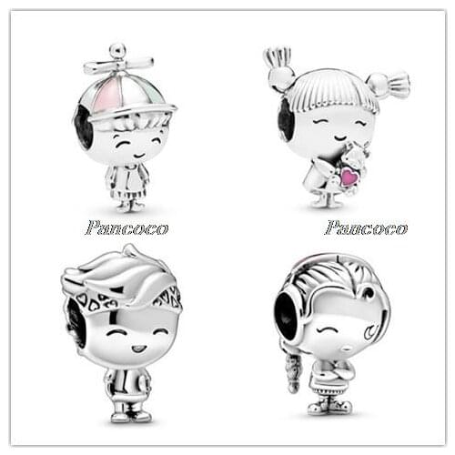 Authentic 925 Sterling Silver Bead Charm Girl With Pigtails Red Heart Beads Fit Pandora Women Bracelet & Necklace Diy Jewelry