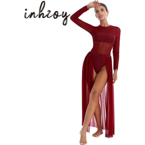 Women Dancewear Long Sleeve Mesh Skirt Ballet Dress Gymnastics Leotard Adult Ballerina Stage Contemporary Lyrical Dance Costumes