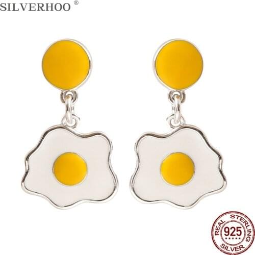 SILVERHOO 925 Sterling Silver Cute Fried Egg Women Earrings Dangle Trendy Enamel Creative Drop Earring Fine Statement Jewelry