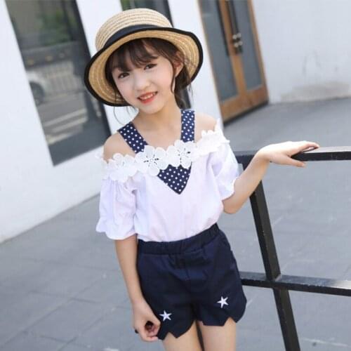 Baby Girls Summer Clothing Sets Kids Off-shoulder Lace Tops Tees + Shorts 2Pcs Suits Children Outfits Clothes 3 5 11 12 14 Years