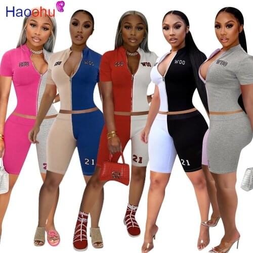 HAOOHU Contrast Patchwork Skinny 2 Piece Sweatsuit Letter Print Short Sleeve Crop Top Sporty Short Activewear Slim Fit Tracksuit
