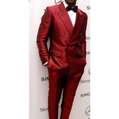 Custom Made Groomsmen Dark Red Groom Tuxedos Peak Lapel Men Suits Satin Wedding Best Man Blazer ( Jacket+Pants+Tie ) C512
