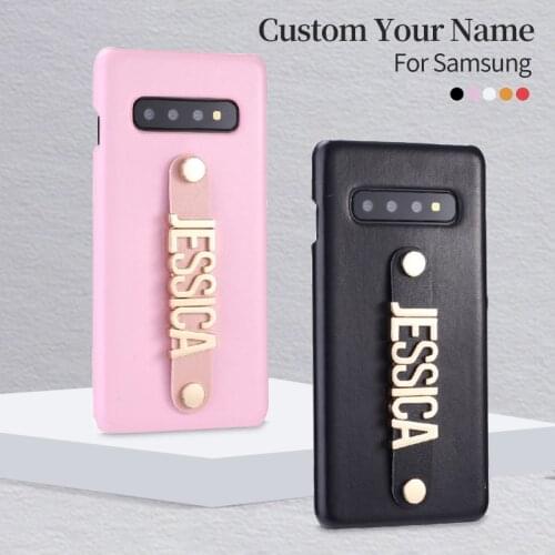 Custom Leather Holding Strap Gold Metal Initial Name Phone Case For Samsung Galaxy S8 910 Plus Note 8 9 A50 Phone Funda Coque