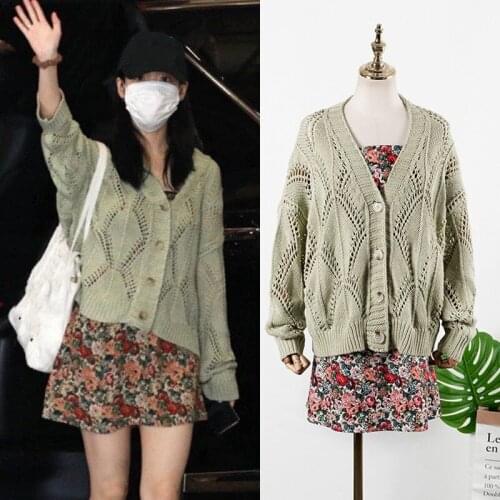 Kpop IU Lee Ji Eun Summer New Casual Green Hollow Cardigan Knit Sweaters Coat+Loose Sexy Camisole Mini Dress Women Two Piece Set