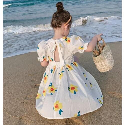 2021 Summer Baby Girls Printed Back Hollow Out Dress, Princess Kids Sweet Clothing Wholesale 6 pieces/lot