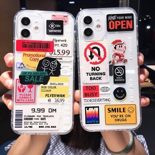 Retro Bar Code Label Phone Case For iPhone 11 Pro Max 12 Mini X XR 7 8 Plus Cute Cartoon Transparent Soft TPU Shockproof Cover