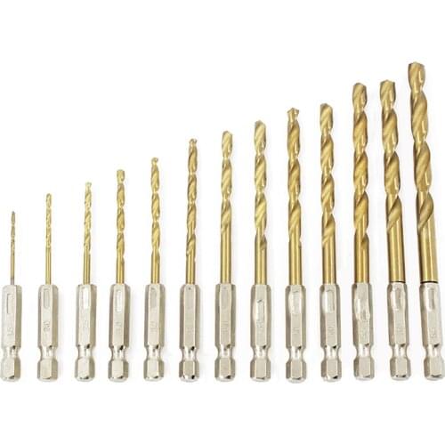 13pcs HSS Titanium Coated Twist Drill Bit Set For Wood Plastic Plate Iron Aluminum Plate Metal Drilling Hex Shank Core Drill Bit