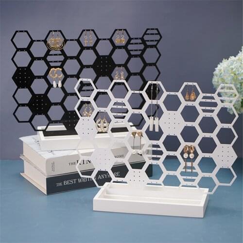 Honeycomb Shaped Earring Stud Display Stand Jewelry Organizer Holder Stand Ear Stud Rack Wooden Box Base for Bracelet Necklace