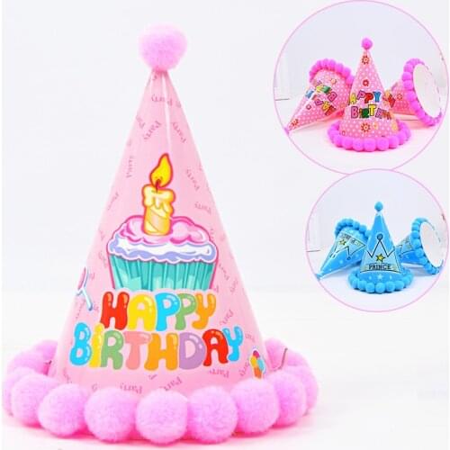 1Pcs Baby Kid Rainbow Birthday Party Hat Child Crown Decoration Pompon Paper Cap Cartoon Pattern Festival Colorful Birthday Hat