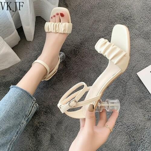 High-heeled Shoes New Womens Sandals In Summer 2021 Versatile Pleated Fashionable and Sexy Transparent Crystal Shoes
