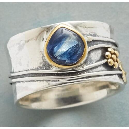 Vintage Boho Ring for Women Carved Flower Leaves Water Drop Crystal Inlaid Wide Face Finger Joint Ring Jewelry Bohemian Gift