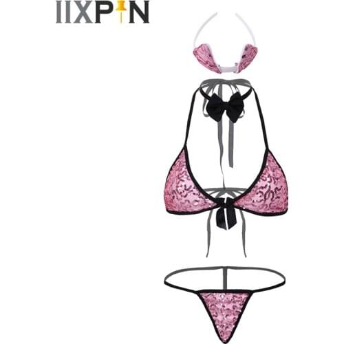Womens Shiny Sequins Bikini Sexy Lingerie Set Erotic Halter Neck Bra Top G-string Thongs Underwear Set Bowtie Headband Nightwear