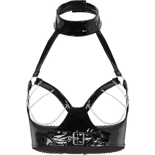Halter Neck With Chain Women Sexy Wetlook Leather Bra Erotic Breast Exposing Hollow Out Bust Ladies Glossy Open Cup Latex Bra