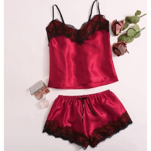 Fashion Women V-Neck Stretch Satin Babydoll Lace Sexy Lingerie Silk Underwear Sleepwear Pajamas Shorts Set conjuntos de mujer g4