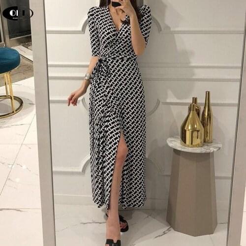 Women Summer maxi Dress V Neck Slim Geometric Print Wrap Dress Split Sexy Long Party Office ladies High Waist Beach Dresses robe