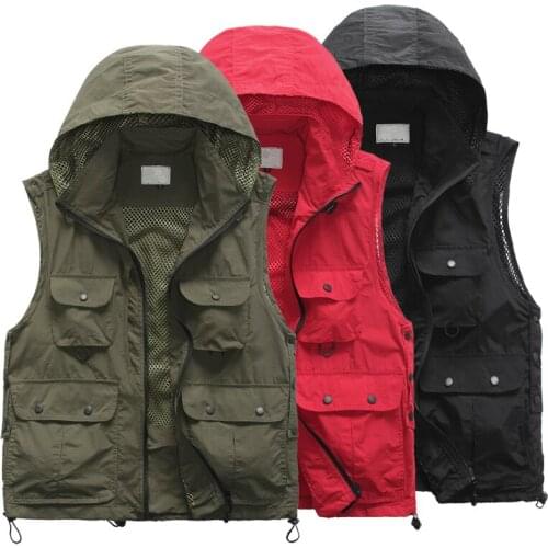 Vest Men Loose Vest Green Sleeveless Jacket Summer Hooded Outdoor Multi-tool Boys Vest Male Plus Size Outerwear