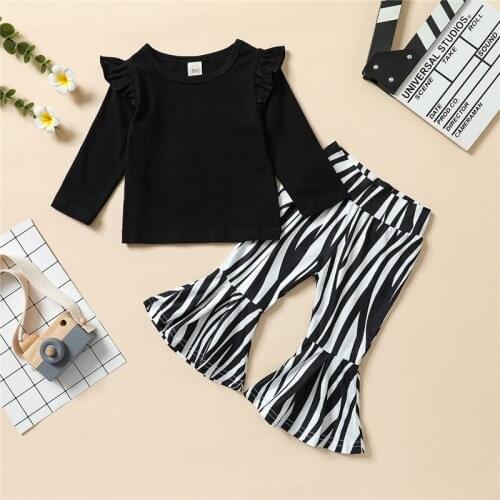 2Pcs Kids Casual Outfits, Baby Girls Solid Color Fly Sleeve O-Neck Pullover + Flared Zebra-stripe Print Pants, 6Months-4Years