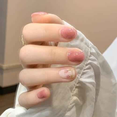 24pcs Tulip Printed Nail Patch Nude Color Wearable Artificial Fake Nails Full Cover Sweet Nude Pink Nail Tips Art Accessories