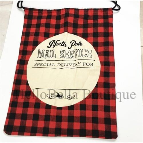 50pcs Wholesale Monogram Red & Black Buffalo Check Santa Sack North Pole Mail Service Cotton Canvas Christmas Gift bag