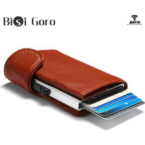 BISI GORO 2020 Metal RFID Credit Card Holder Single Aluminum Box Card Wallet Fashion PU Leather Soft Men and Women Pop Up Wallet
