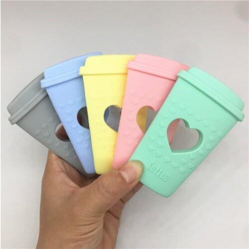 Chenkai 5PCS BPA Free DIY Heart Lovely Silicone Coffee Cup Teether Baby Pacifier Sensory Pendant Toy Accessories Pastel color