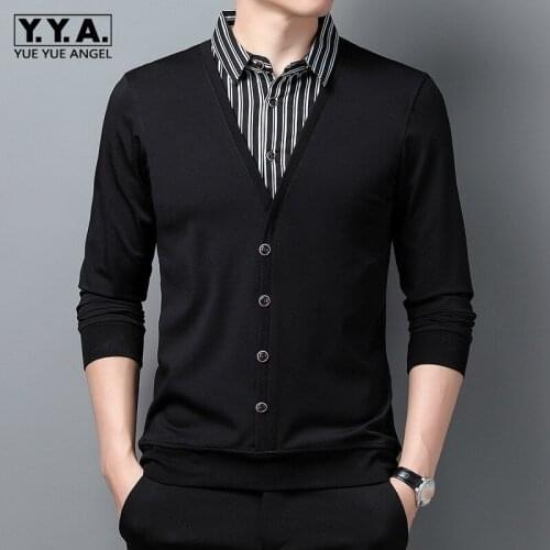 Turn-Down Collar Long Sleeve Business Casual Mens Spring Autumn New Fashion Slim Pullover Stripe Sweater Jackets Korean Style