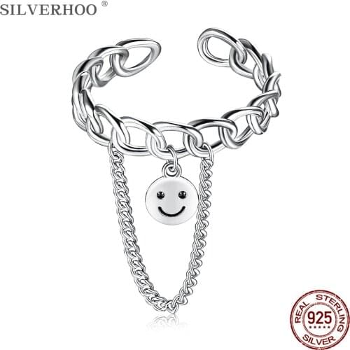 SILVERHOO Rings For Women Smiley Design S925 Adjustable Ring Chain K Pop Style Female Fine Jewelry Birthday Party Gift To Friend