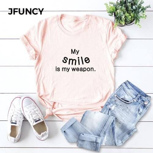 JFUNCY Smile Is My Weapon Funny T-shirt Summer Women T Shirt Plus Size Short Sleeve Cotton Tees Woman Tops Casual Tshirts