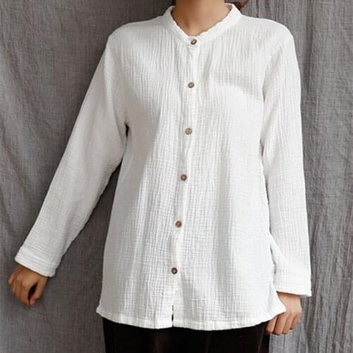 Women Long sleeve linen cotton Breathable Cardigan Blouse Shirt tees Female Crumpled Brief style Single-breasted Shirts Tops