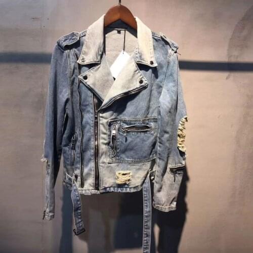American Fashion Men Jackets Retro European Wash Destroyed Ripped Denim Jackets Men Zipper Punk Coats Streetwear Biker Jacket