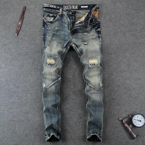 European Street Style Fashion Men Jeans Retro Vintage Slim Destroyed Ripped Jeans Men Patch Designer Hip Hop Denim Punk Pants