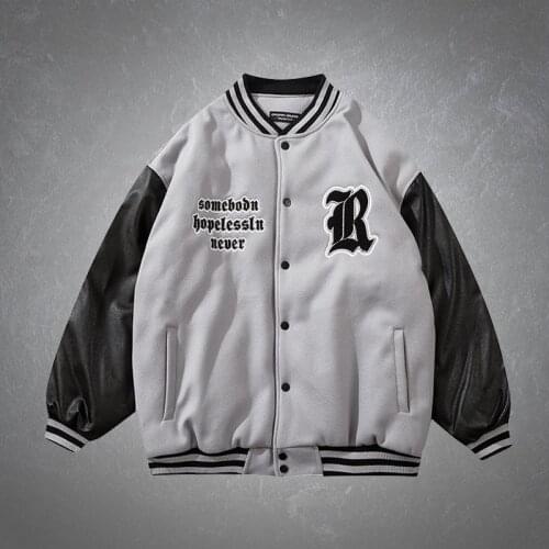 Retro PU Patchwork Mens Baseball Jacket Spring Autumn Casual Loose Letter Printing College Style Couple Jackets Streetwear Tops