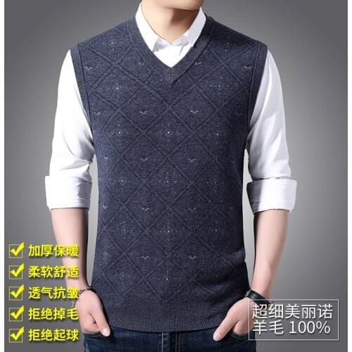 Man 100% Merino Thicken Wool Sweaer Middle Aged Male Plaid Warm Cashmere Vest Sleeveless Jupmer Pullovers