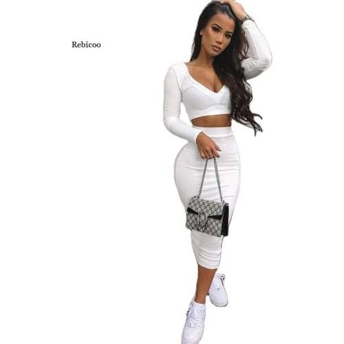 Sexy Club Bodycon Womens 2 Piece Sets Long Sleeve Tops and Mid-Calf Length Ladies Sexy Tight Skirt Suits Autumn New