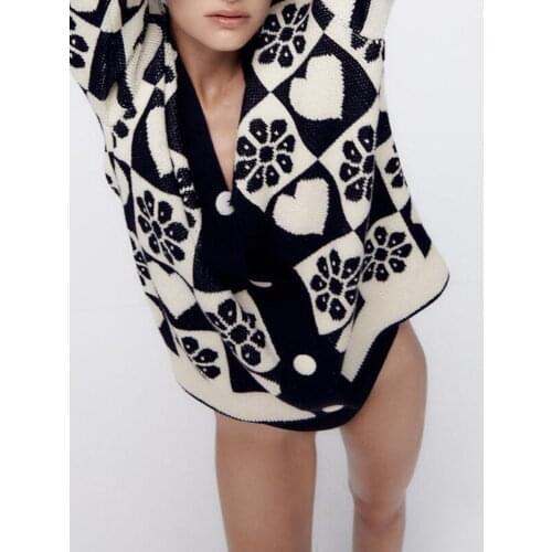 ZA knitted sweater 2021 early autumn new retro lazy love flower jacquard loose knitted jacket