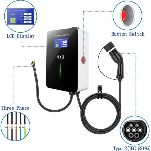 32A 3Phase EVSE Wallbox EV Charger Electric Vehicle Charging Station with Type 2 Cable IEC 62196-2 For Audi
