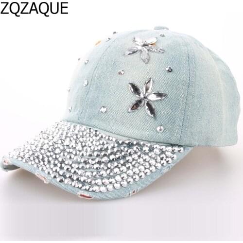 Womens Denim Baseball Caps 100% Manual Drill On Brim Diamond Flower Decorated Girls Adjustable Fashion Caps Free Shipping SY546