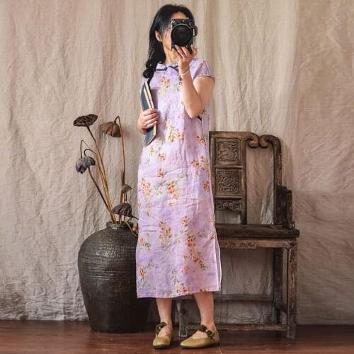 Women Summer Loose Ramie Qipao Dress Ladies Thin Printed Ramie Dresses Female Cheongsam Dresses