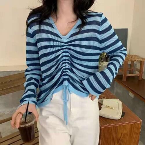 Autumn Korean Fashion Women Long Sleeve Sweater Sexy V-Neck Striped Pleated Pullovers For Female Casual Loose Outwear Tops