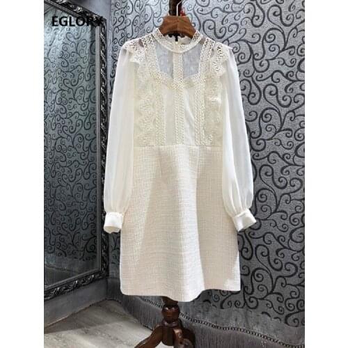 One Piece Dress 2021 Spring New Runway Style Women Appliques Lace Mesh Patchwork Long Sleeve Casual Work Dress Vestidos Mujer