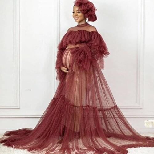 Modest Burgundy Dots Tulle Long Robe For Women To Picture Shoots Ruffles Tiered Full Sleeves A-line Women Dresses