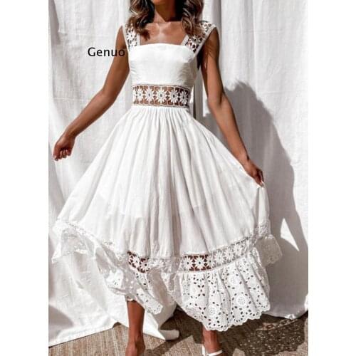 Girls White Cotton Lace Hollow Out Long Dress Woman Backless Spaghetti Strap High Waist 2021 Summer Comfortable Dresses Women