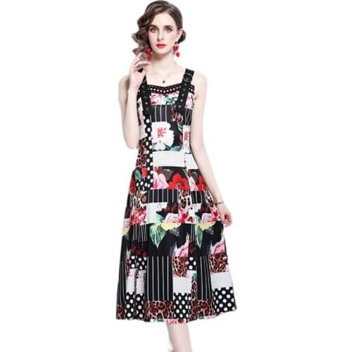 Fashion Runway Summer Spaghetti Strap Dot Deopard Midi Dress Women Sleeveless Vintage Vacation Dress k2066