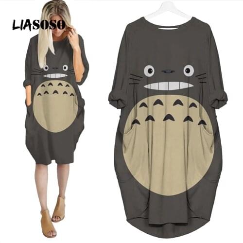 LIASOSO Anime Totoro Flower Dress 3D Printing Girls Street Interesting FashionLoose Long Sleeve Over The Knee Dresses Women