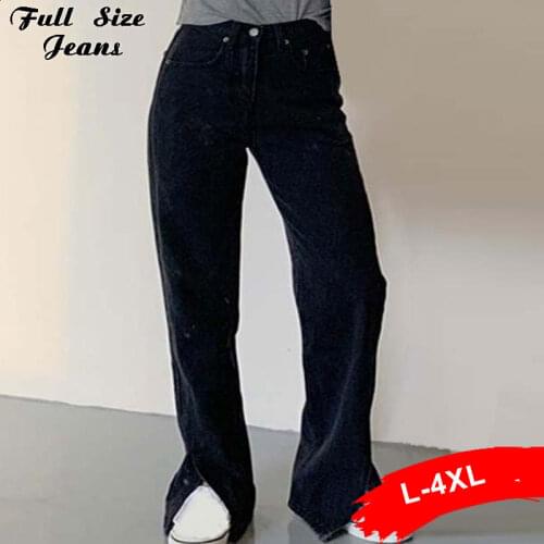 Plus Size Harajuku Loose Vintage Black Side Split Straight Jeans Mom 4XL Street High Waist Baggy Wide Leg Women Denim Pants 90S