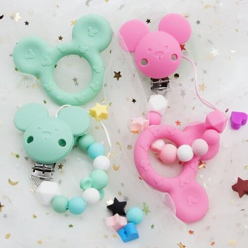 Cute-idea 1set Cartoon mouse Teether Pendant DIY Necklace BPA Free Silicone Beads Baby Teether Pacifier chain Clip Toys