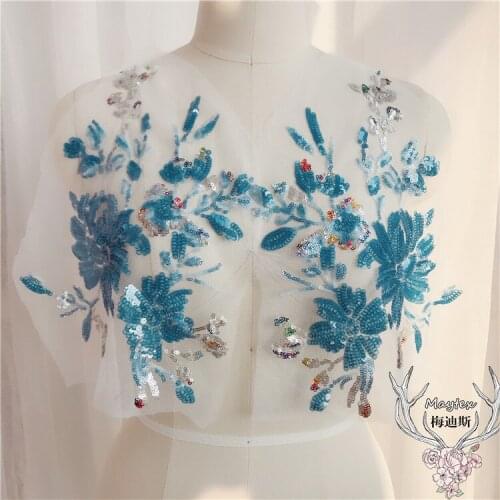 1 PC Double Color Sequins Colorful Evening Dress Ornament Large Floret Lace Fabric Embroidery Patch